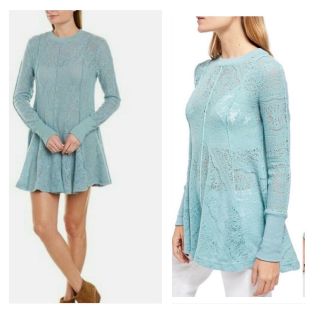 NEW! NWT Free People Astral Sea Tunic Dress SOFT Morning Fuzzy Knit Lace Crochet